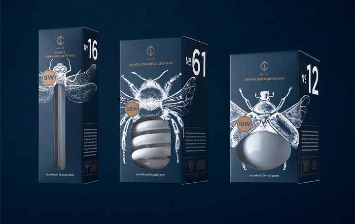 Las bombillas forman el cuerpo de insectos en este packaging de Angelina Pischikova