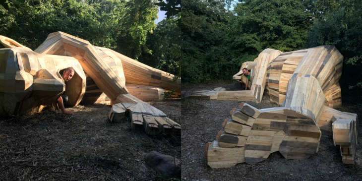 Un artista construye gigantes de madera reciclada en Copenhague.
