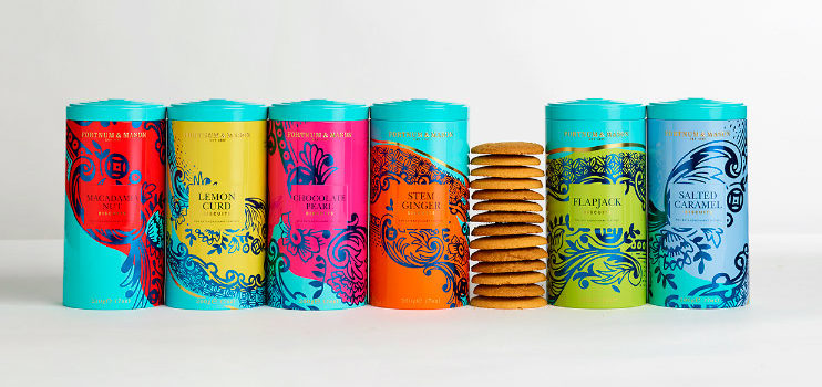 Packaging colorido de las galletas de Fortnum & Mason